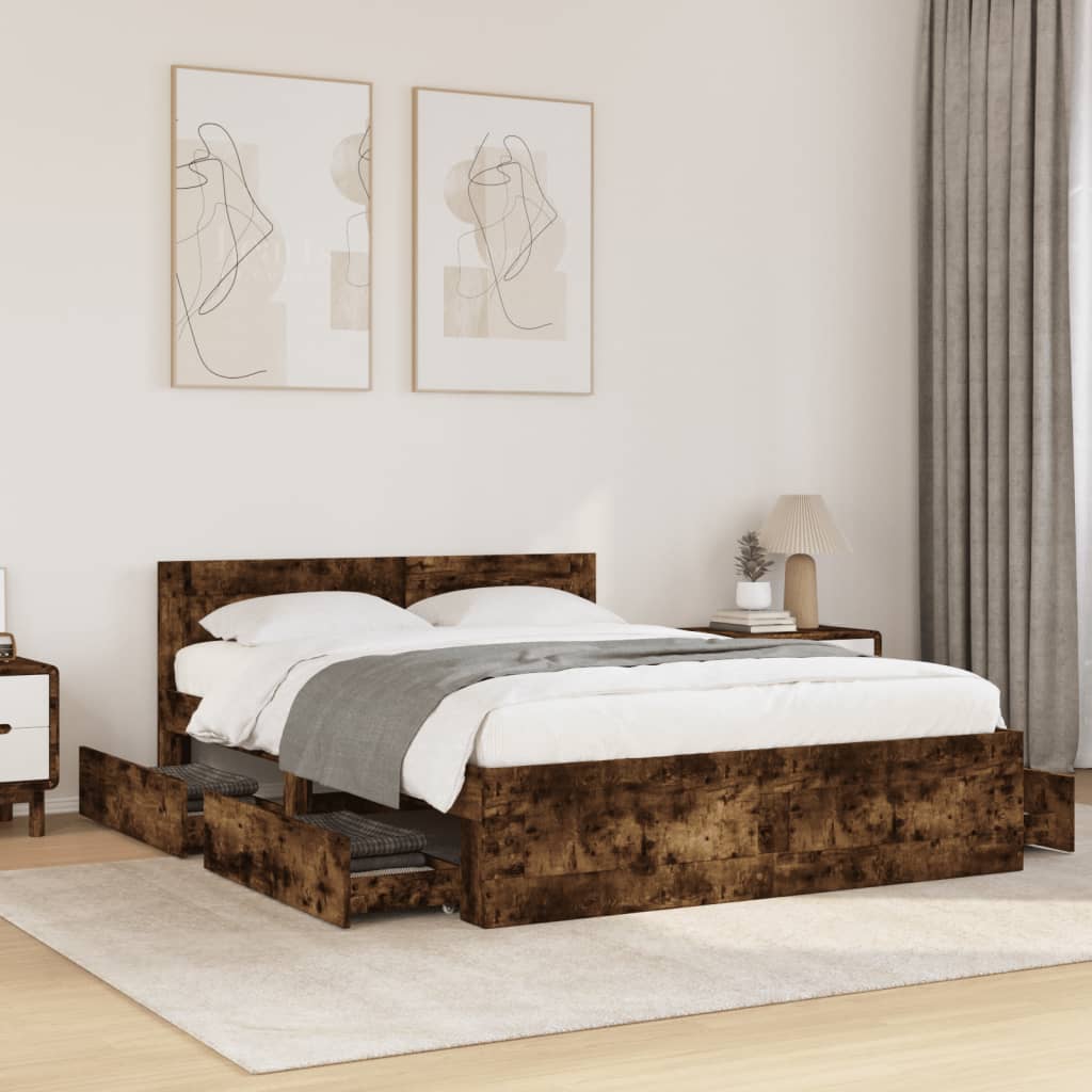 Cadre de lit et tête de lit sans matelas chêne fumé 140x200 cm - XIOS