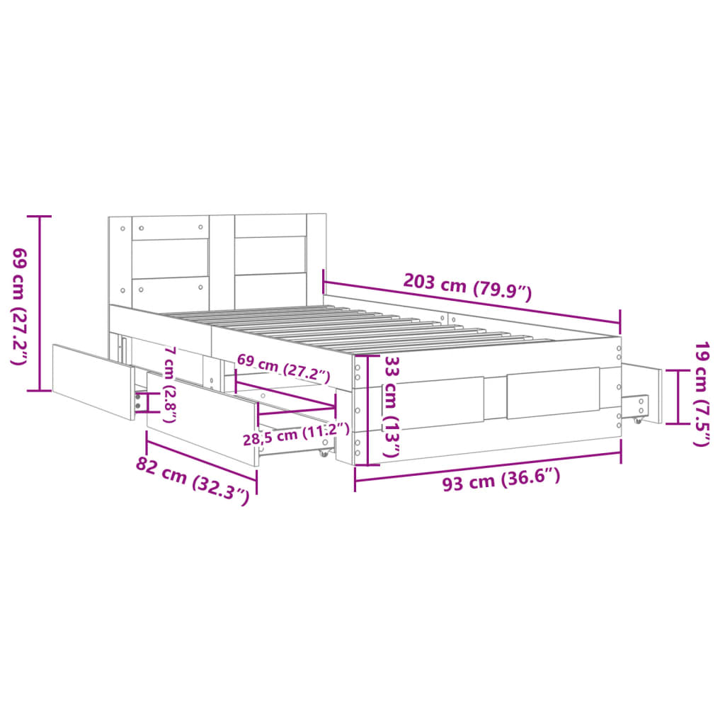 Cadre de lit et tête de lit sans matelas sonoma gris 90x200 cm - XIOS