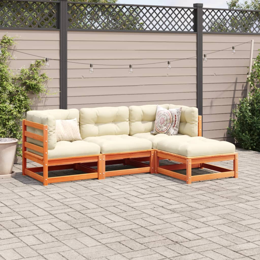Salon de jardin 4 pcs avec coussins cire marron bois pin massif - XIOS