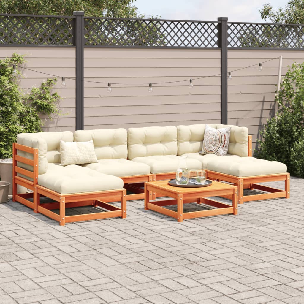 Salon de jardin 7 pcs avec coussins cire marron bois pin massif - XIOS