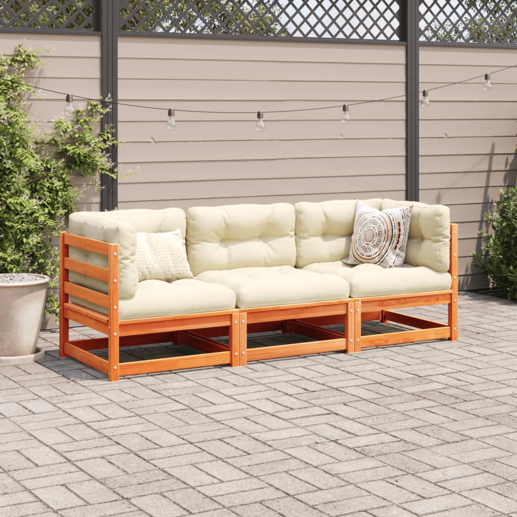 Salon de jardin 3 pcs avec coussins cire marron bois pin massif - XIOS