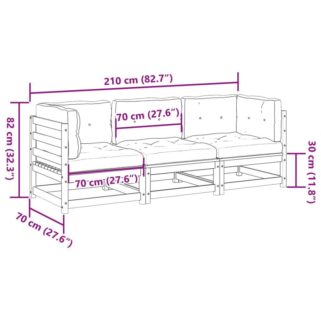 Salon de jardin 3 pcs avec coussins cire marron bois pin massif - XIOS