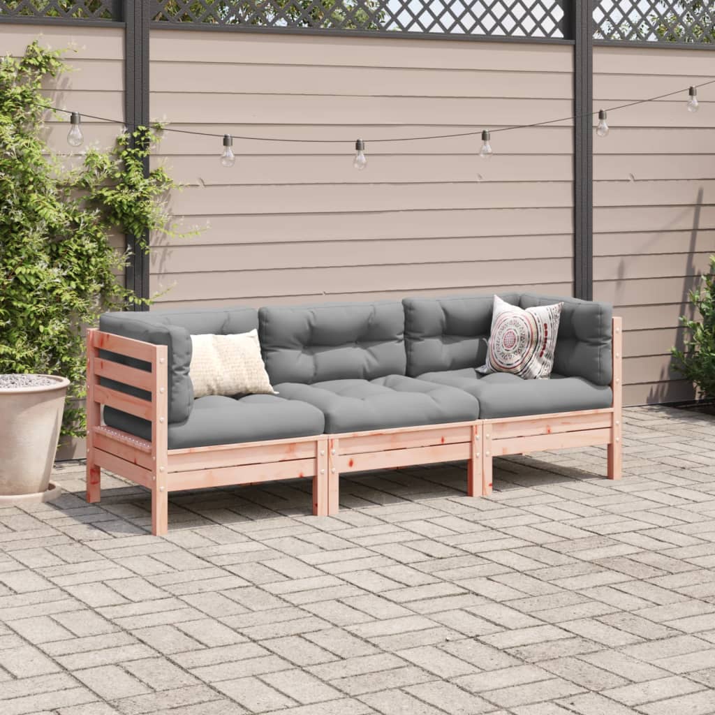 Salon de jardin 3 pcs et coussins bois massif sapin de douglas