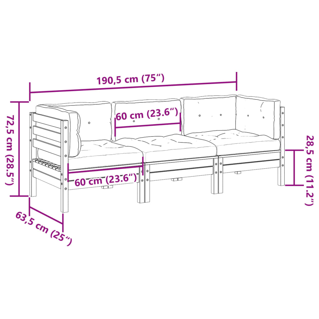 Salon de jardin 3 pcs avec coussins bois de pin imprégné - XIOS