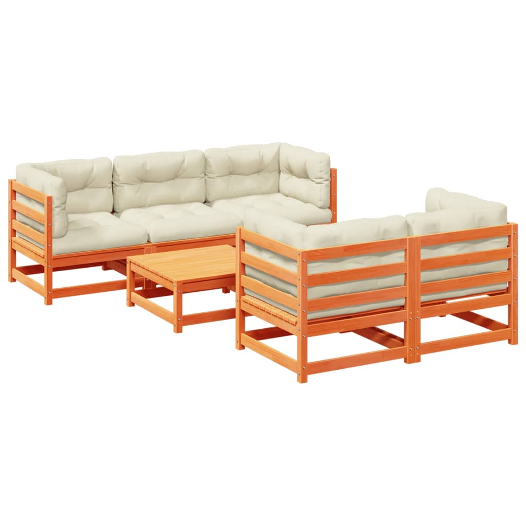 Salon de jardin 6 pcs avec coussins cire marron bois pin massif - XIOS
