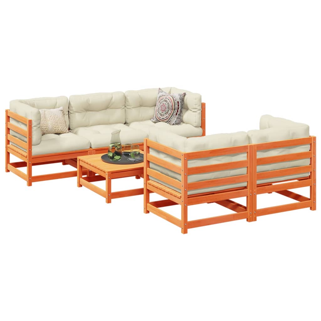 Salon de jardin 6 pcs avec coussins cire marron bois pin massif - XIOS