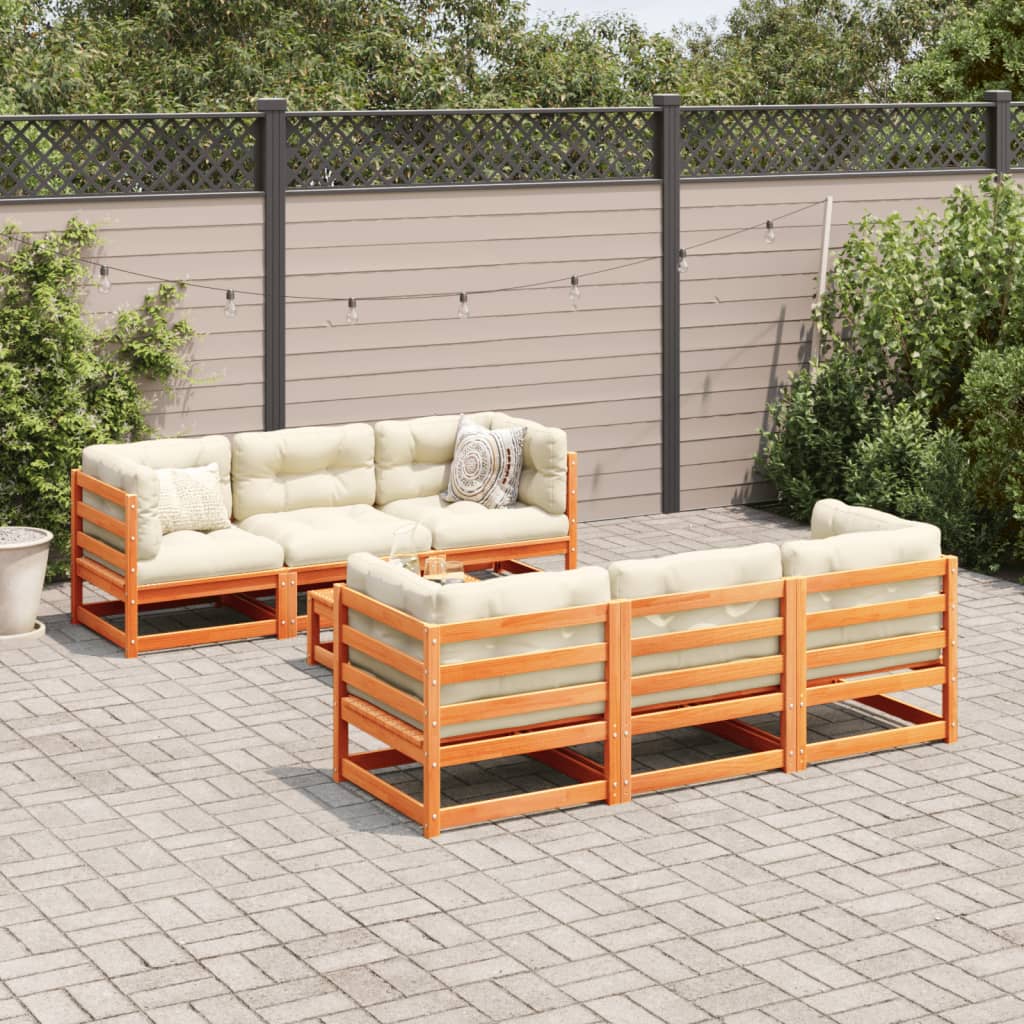 Salon de jardin 7 pcs avec coussins cire marron bois pin massif - XIOS