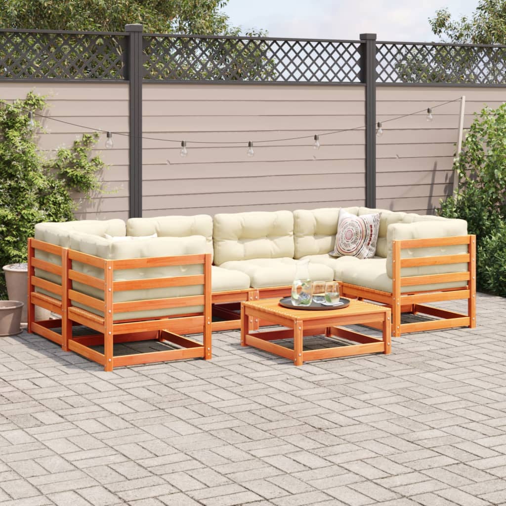 Salon de jardin 7 pcs avec coussins cire marron bois pin massif - XIOS