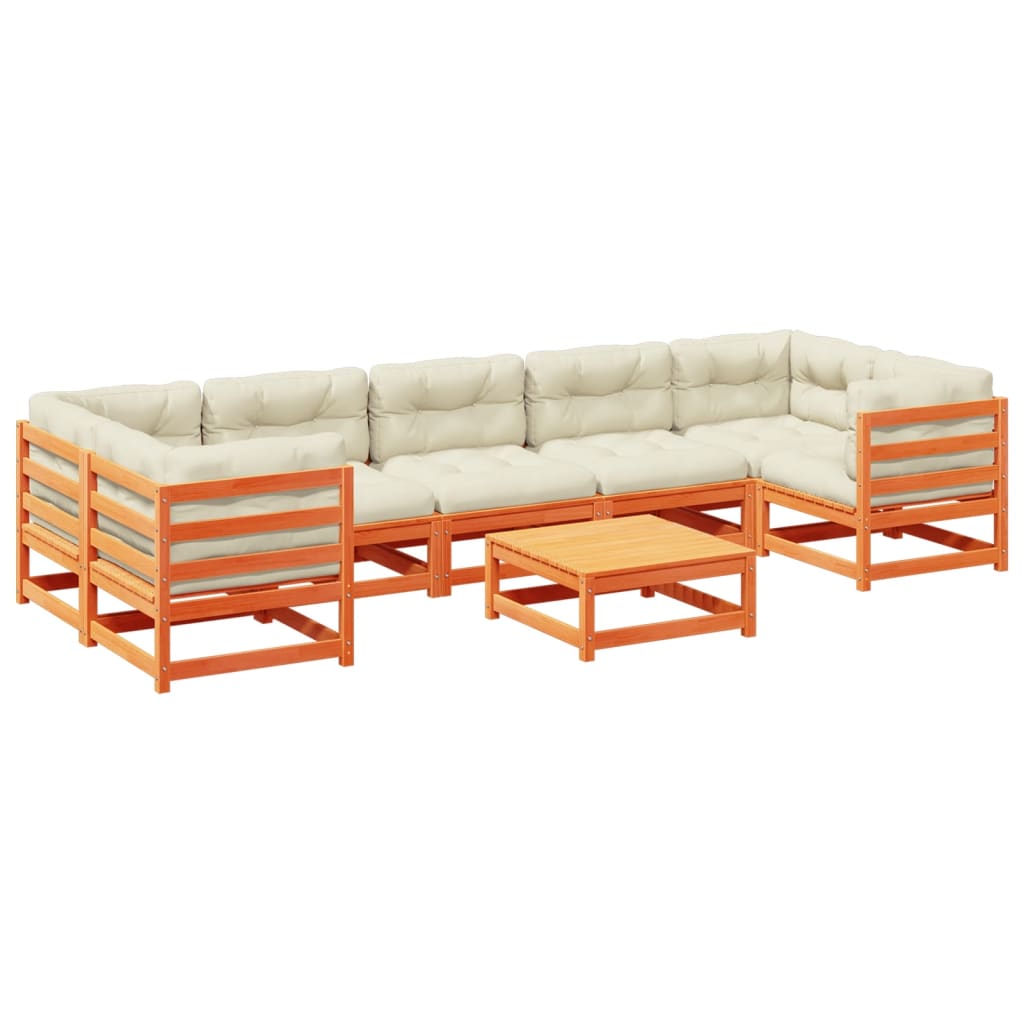 Salon de jardin 8 pcs avec coussins marron cire bois pin massif - XIOS