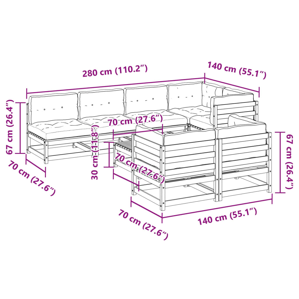 Salon de jardin 8 pcs avec coussins marron cire bois pin massif - XIOS