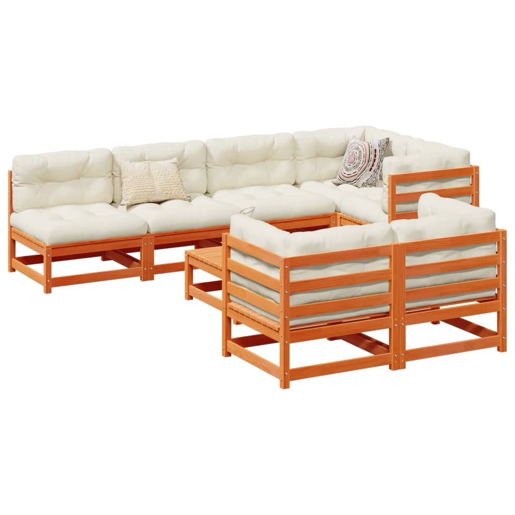 Salon de jardin 8 pcs avec coussins marron cire bois pin massif - XIOS