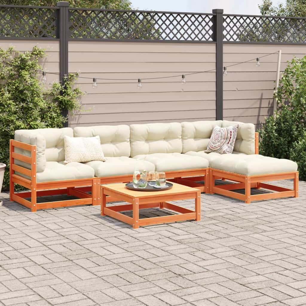 Salon de jardin 6 pcs avec coussins cire marron bois pin massif - XIOS