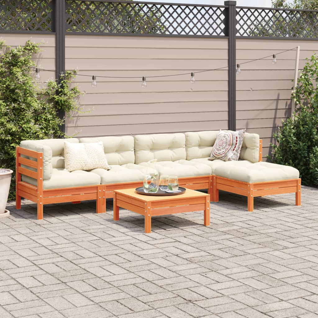 Salon de jardin 6 pcs avec coussins cire marron bois pin massif - XIOS