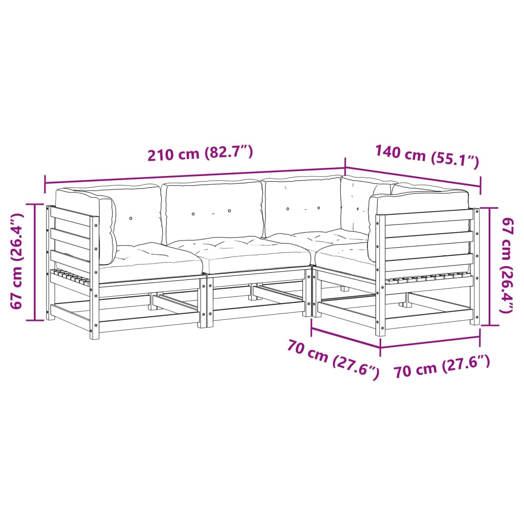 Salon de jardin 4 pcs avec coussins cire marron bois pin massif - XIOS