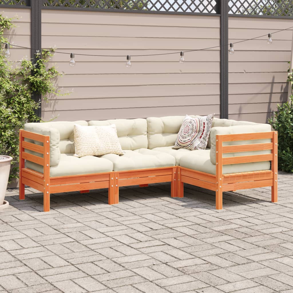 Salon de jardin 4 pcs avec coussins cire marron bois pin massif