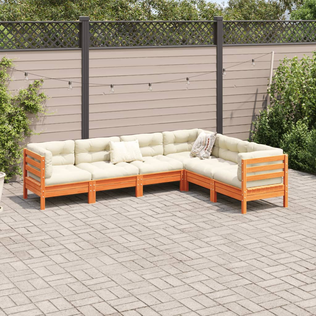 Salon de jardin 6 pcs avec coussins cire marron bois pin massif