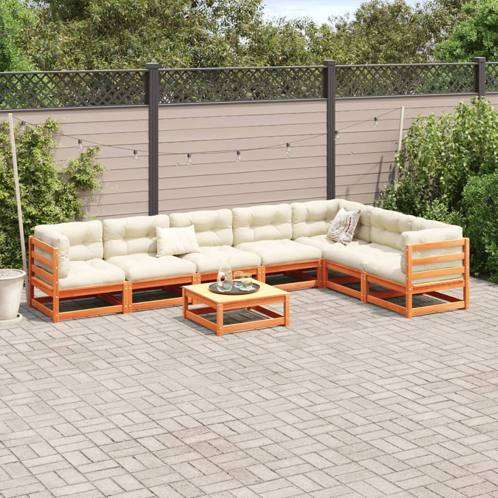 Salon de jardin 8 pcs avec coussins marron cire bois pin massif - XIOS
