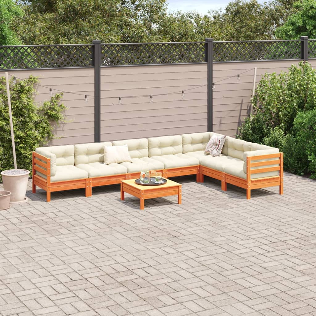 Salon de jardin 8 pcs avec coussins marron cire bois pin massif