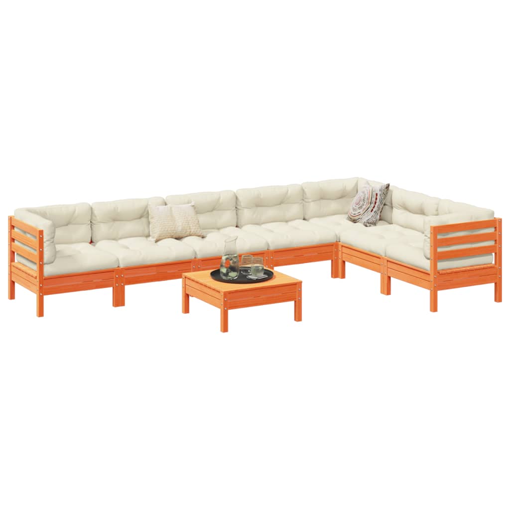 Salon de jardin 8 pcs avec coussins marron cire bois pin massif
