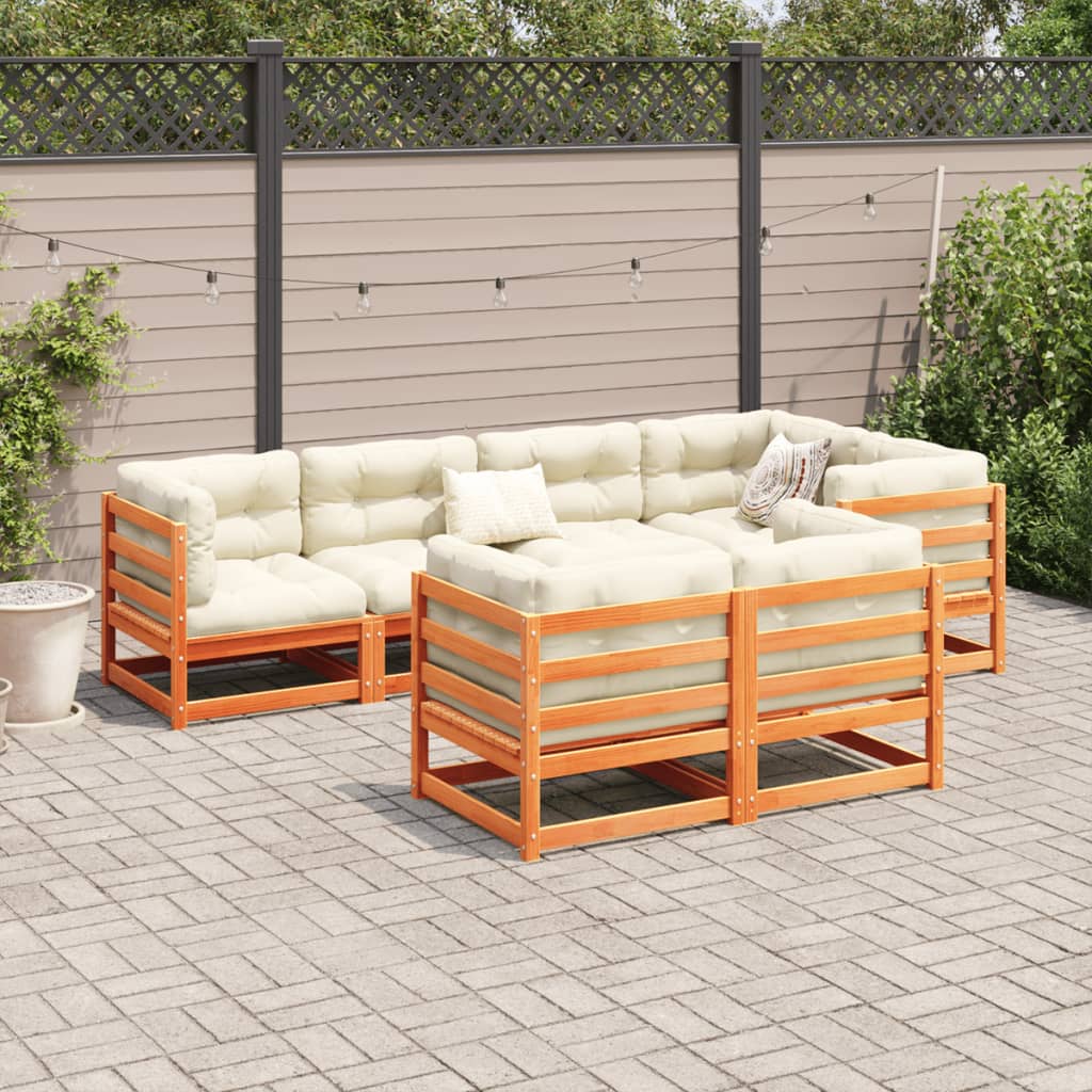 Salon de jardin 7 pcs avec coussins cire marron bois pin massif - XIOS