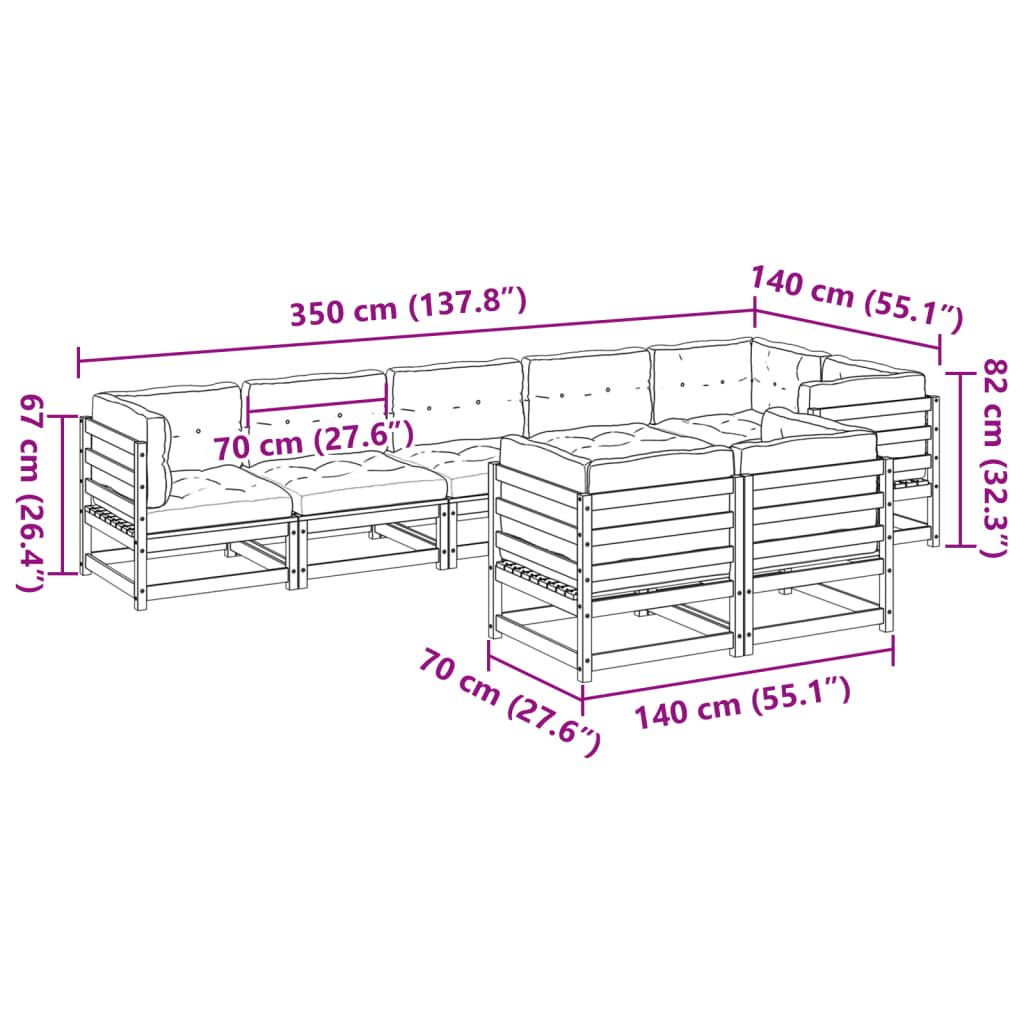Salon de jardin 8 pcs avec coussins marron cire bois pin massif - XIOS