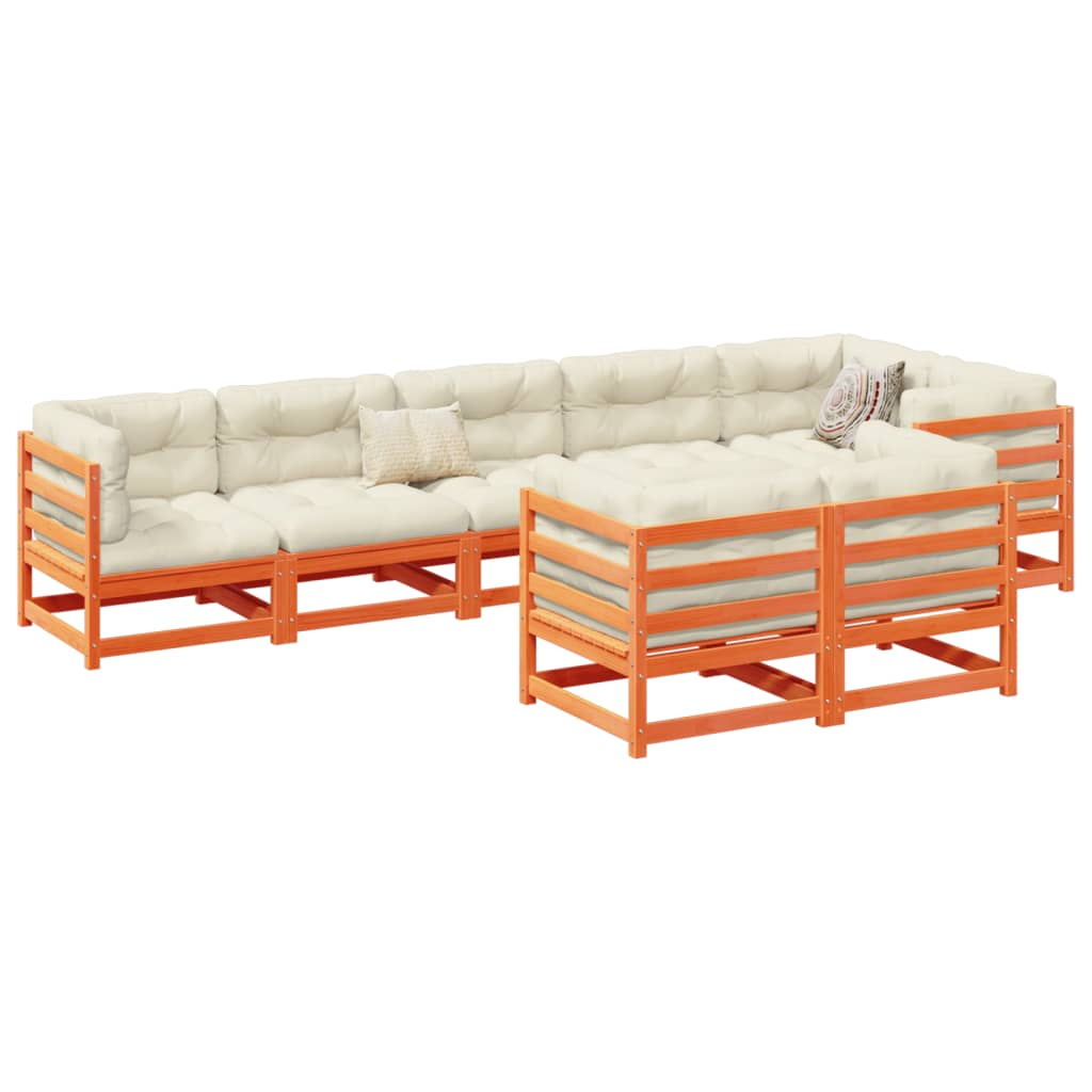Salon de jardin 8 pcs avec coussins marron cire bois pin massif - XIOS