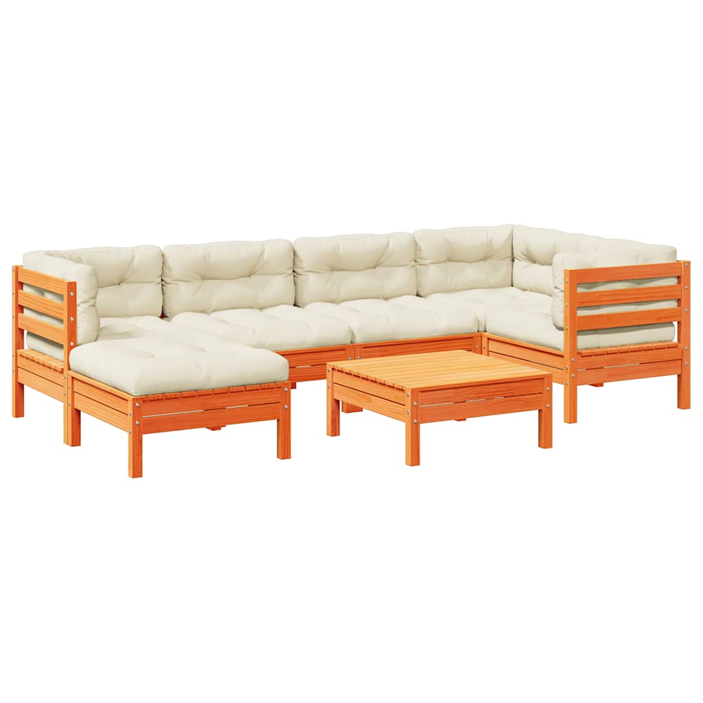 Salon de jardin 7 pcs avec coussins cire marron bois pin massif - XIOS