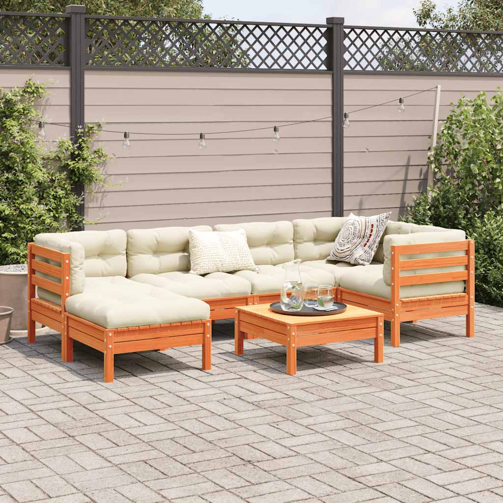 Salon de jardin 7 pcs avec coussins cire marron bois pin massif - XIOS