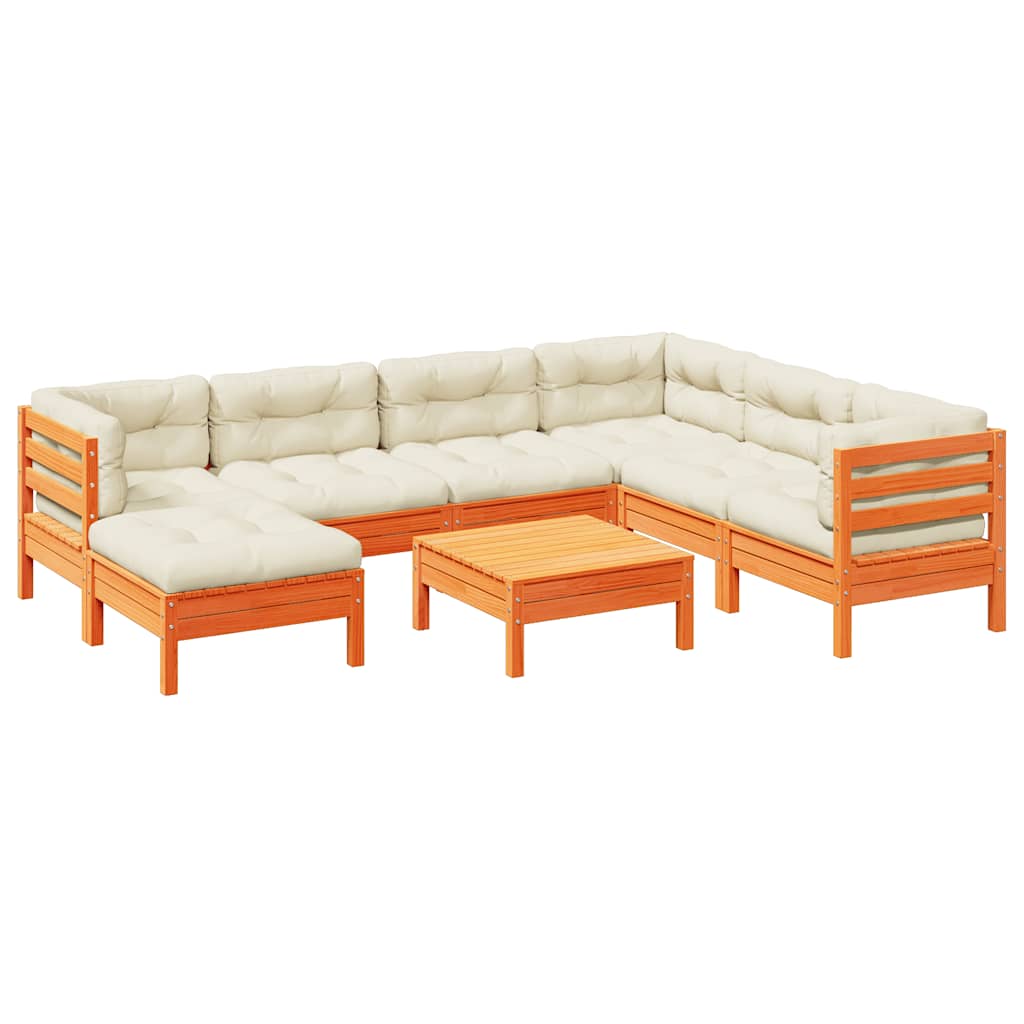 Salon de jardin 8 pcs avec coussins marron cire bois pin massif - XIOS