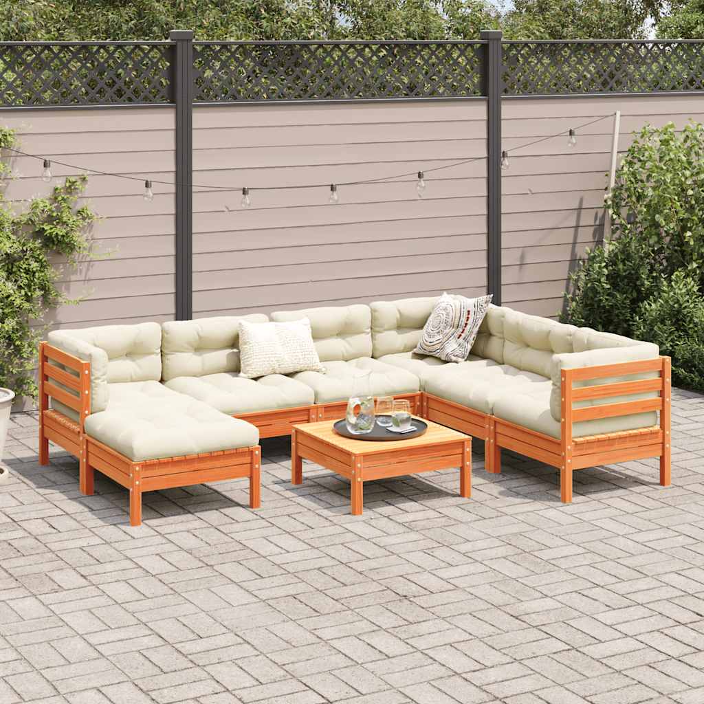 Salon de jardin 8 pcs avec coussins marron cire bois pin massif - XIOS