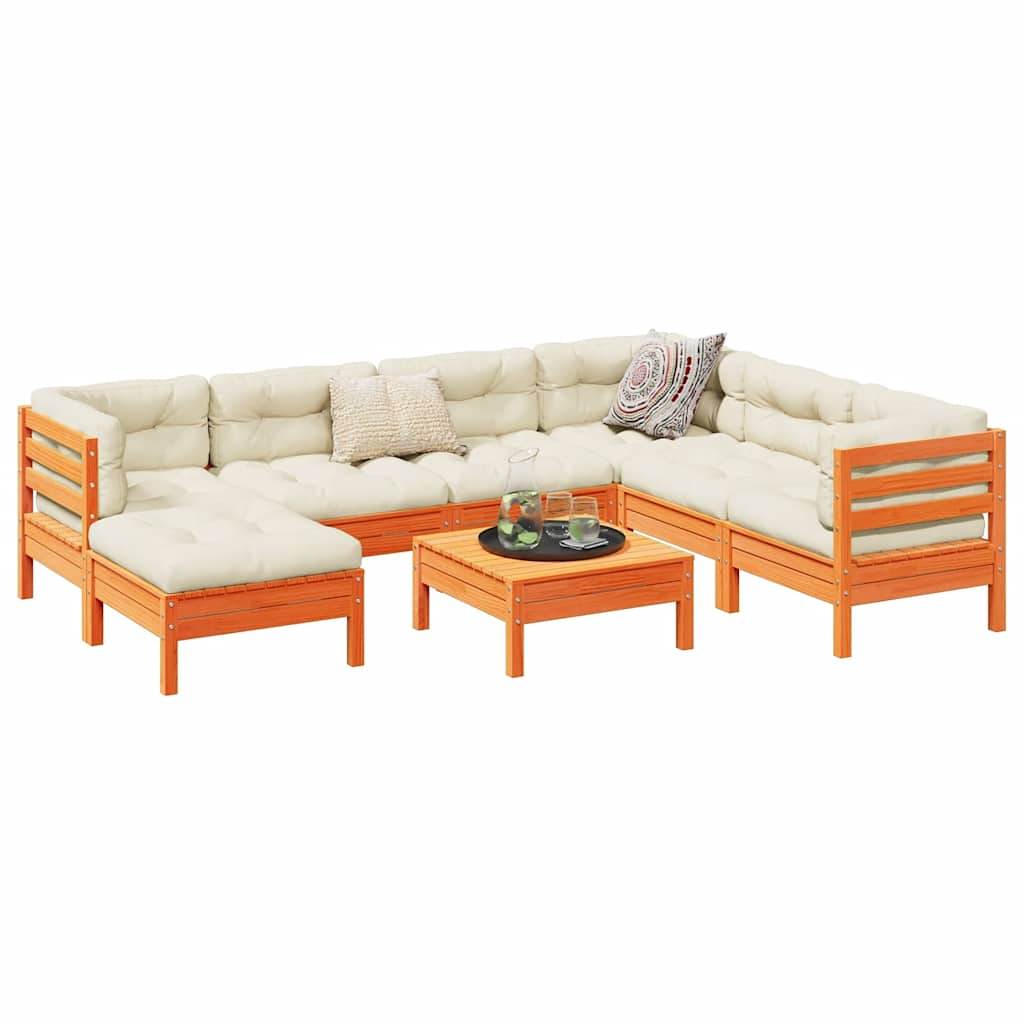 Salon de jardin 8 pcs avec coussins marron cire bois pin massif - XIOS