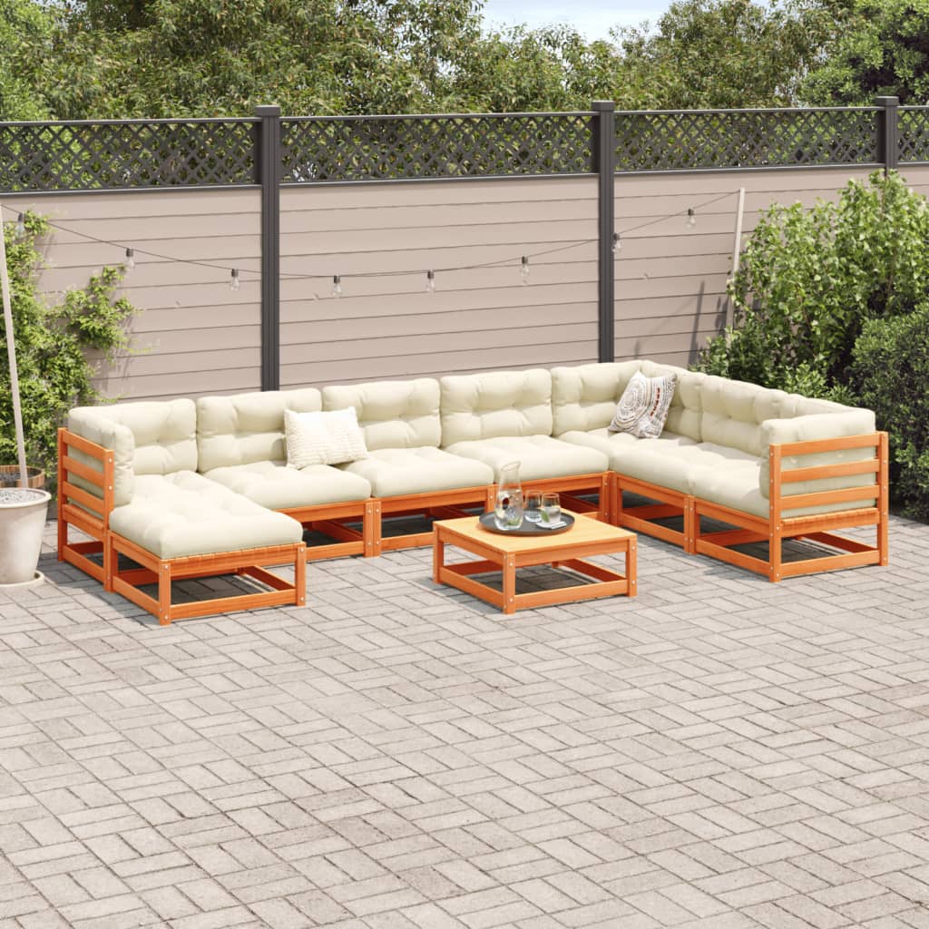Salon de jardin 9 pcs avec coussins marron cire bois pin massif - XIOS