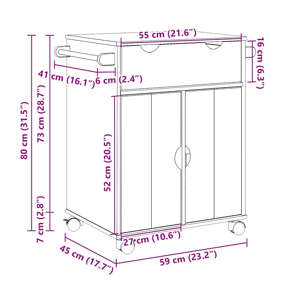 Chariot de cuisine OTTA 59x45x80 cm bois massif de pin - XIOS