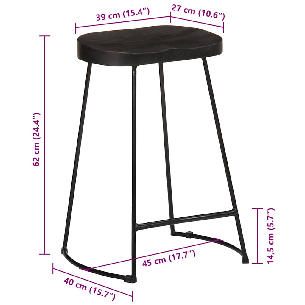 Tabourets de bar lot de 2 noir 45x40x62 cm bois manguier massif - XIOS