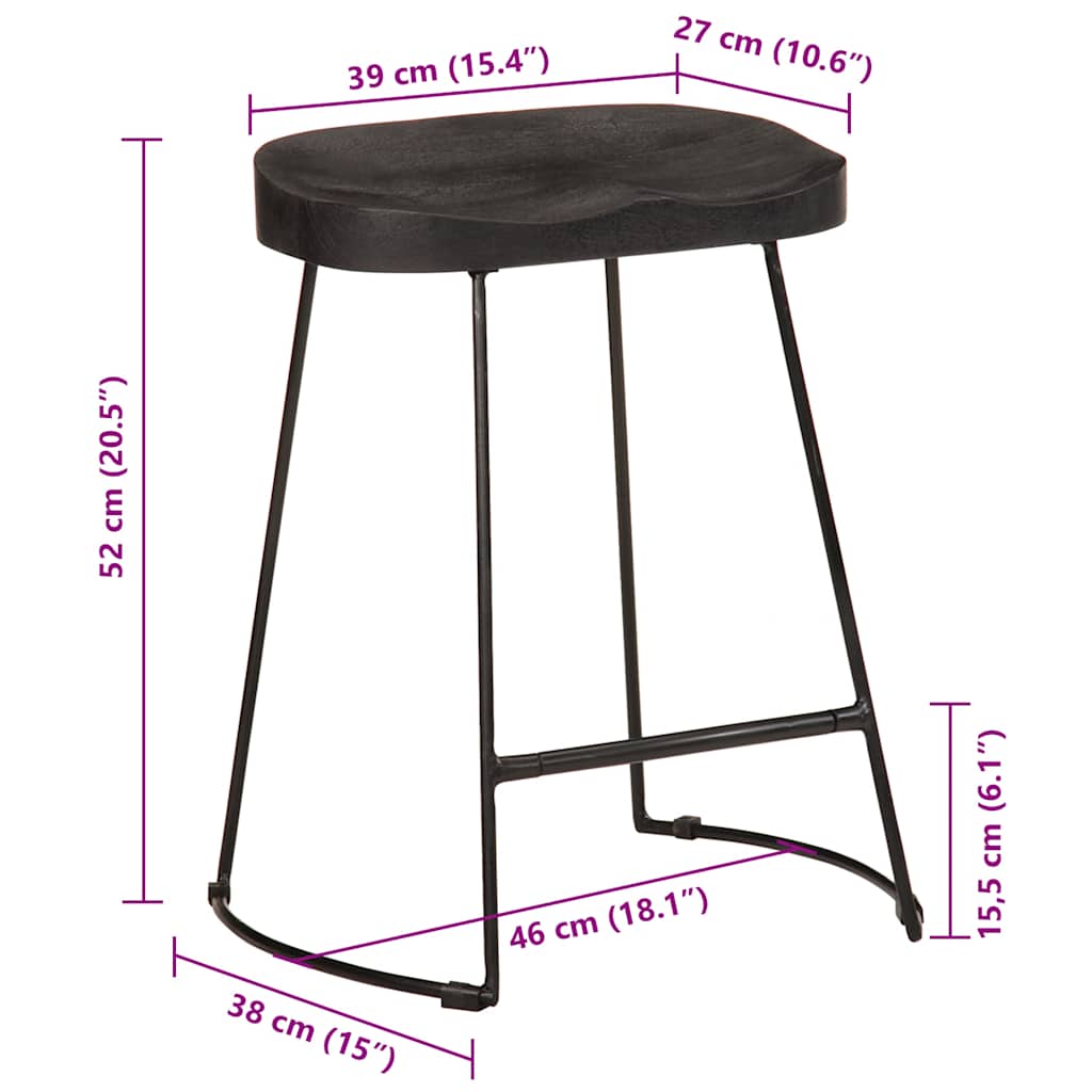 Tabourets de bar lot de 2 noir 46x38x52 cm bois manguier massif - XIOS