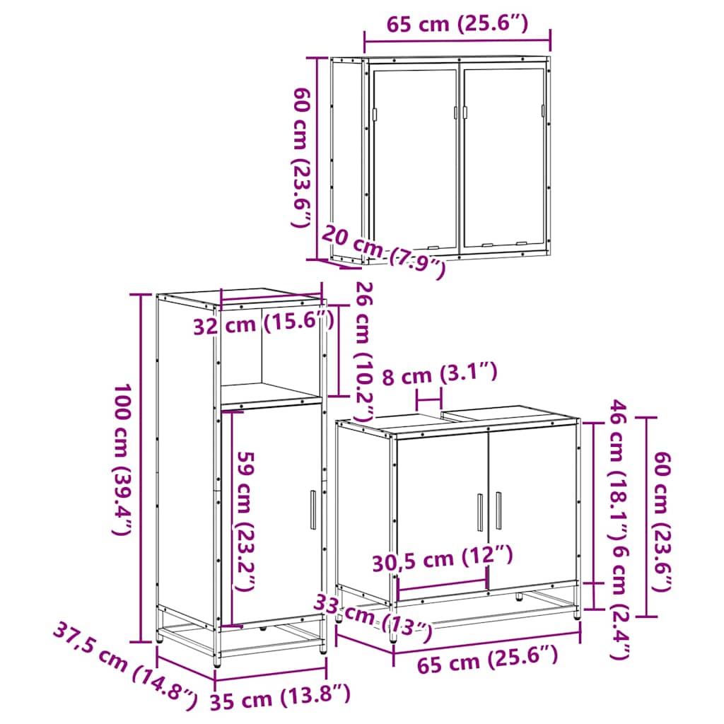 Ensemble de meubles de salle de bain 3 pcs Sonoma gris