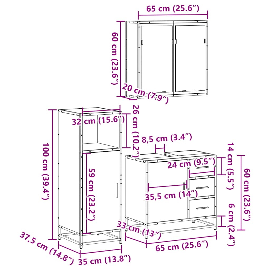 Ensemble de meubles de salle de bain 3 pcs Chêne fumé