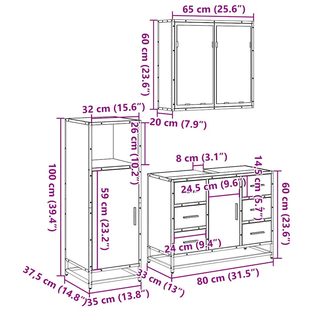 Ensemble de meubles de salle de bain 3 pcs Chêne fumé