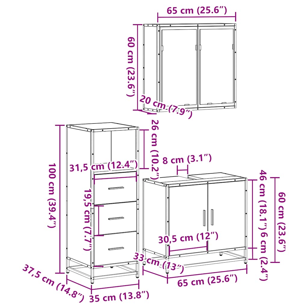 Ensemble de meubles de salle de bain 3 pcs Sonoma gris