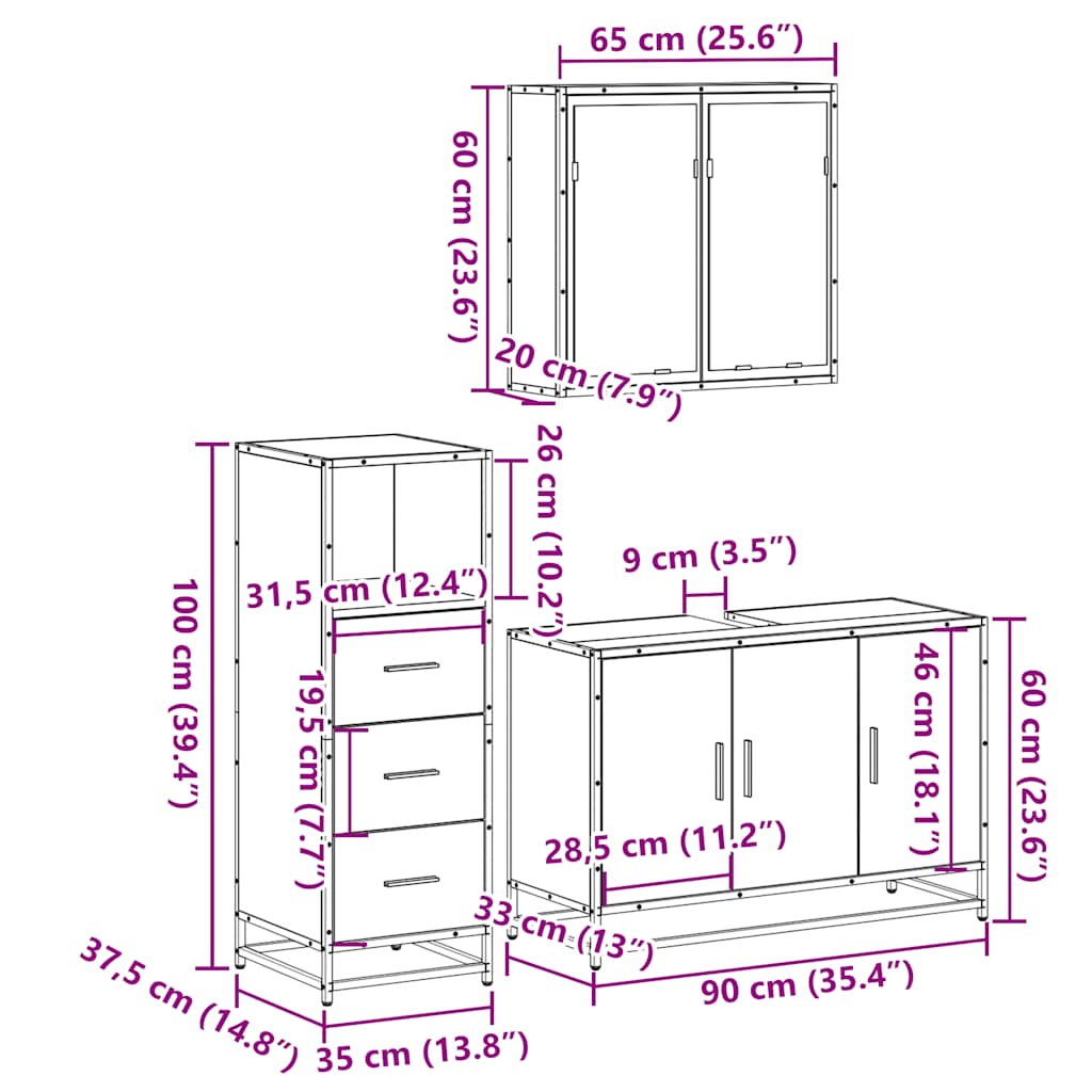 Ensemble de meubles de salle de bain 3 pcs Sonoma gris