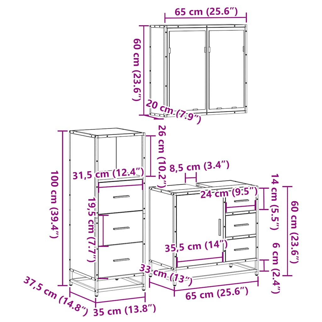 Ensemble de meubles de salle de bain 3 pcs Chêne fumé