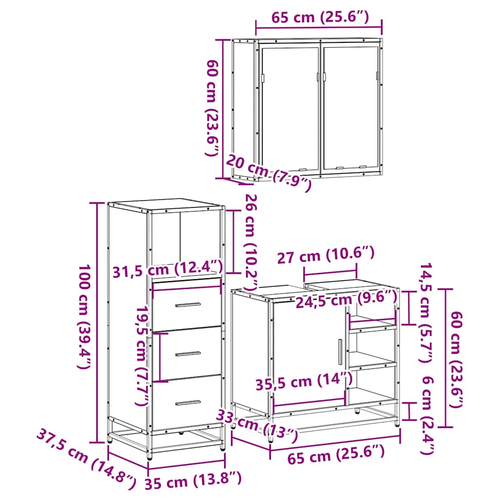 Ensemble de meubles de salle de bain 3 pcs Chêne fumé