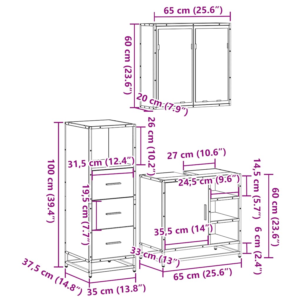 Ensemble de meubles de salle de bain 3 pcs Sonoma gris
