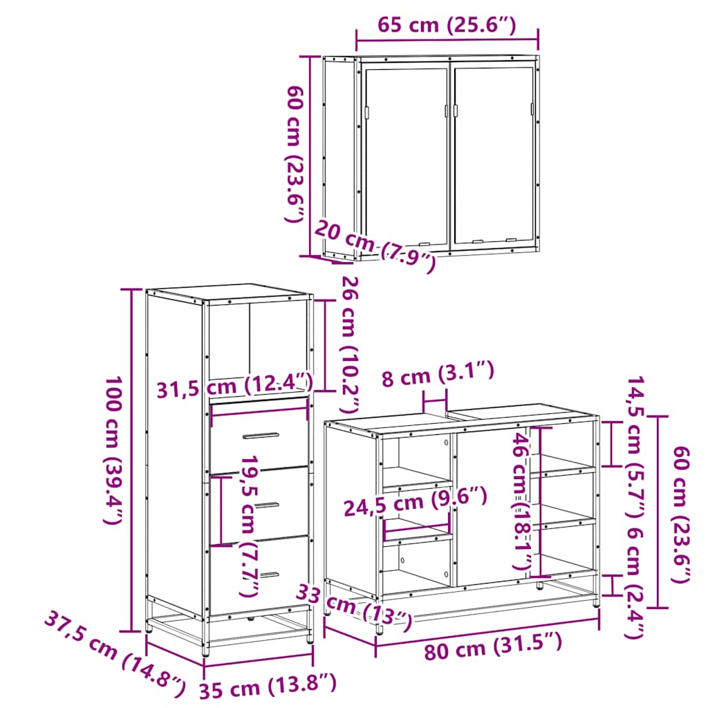 Ensemble de meubles de salle de bain 3 pcs Sonoma gris