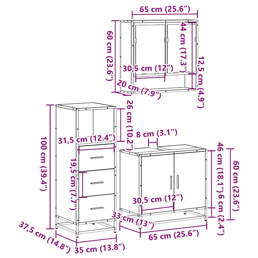 Ensemble de meubles de salle de bain 3 pcs Chêne fumé