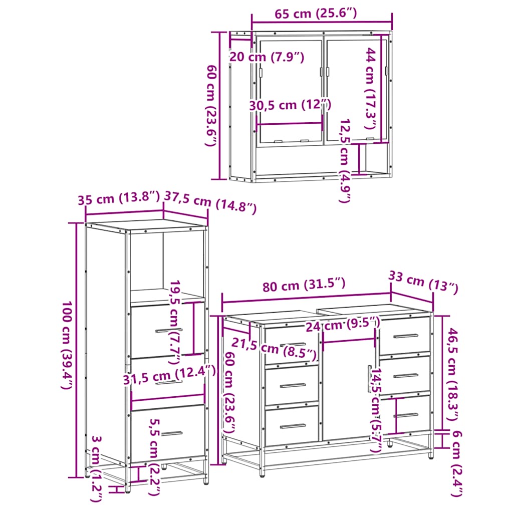 Ensemble de meubles de salle de bain 3 pcs Chêne fumé