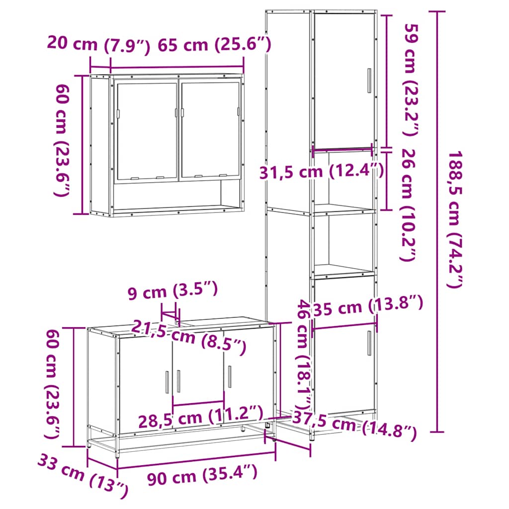 Ensemble de meubles de salle de bain 3 pcs chêne sonoma