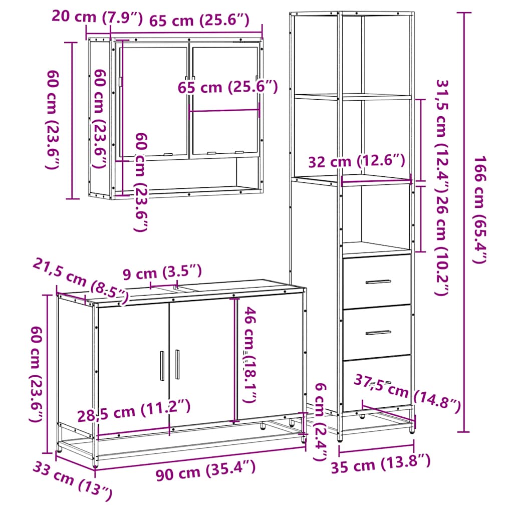 Ensemble de meubles de salle de bain 3 pcs Chêne fumé
