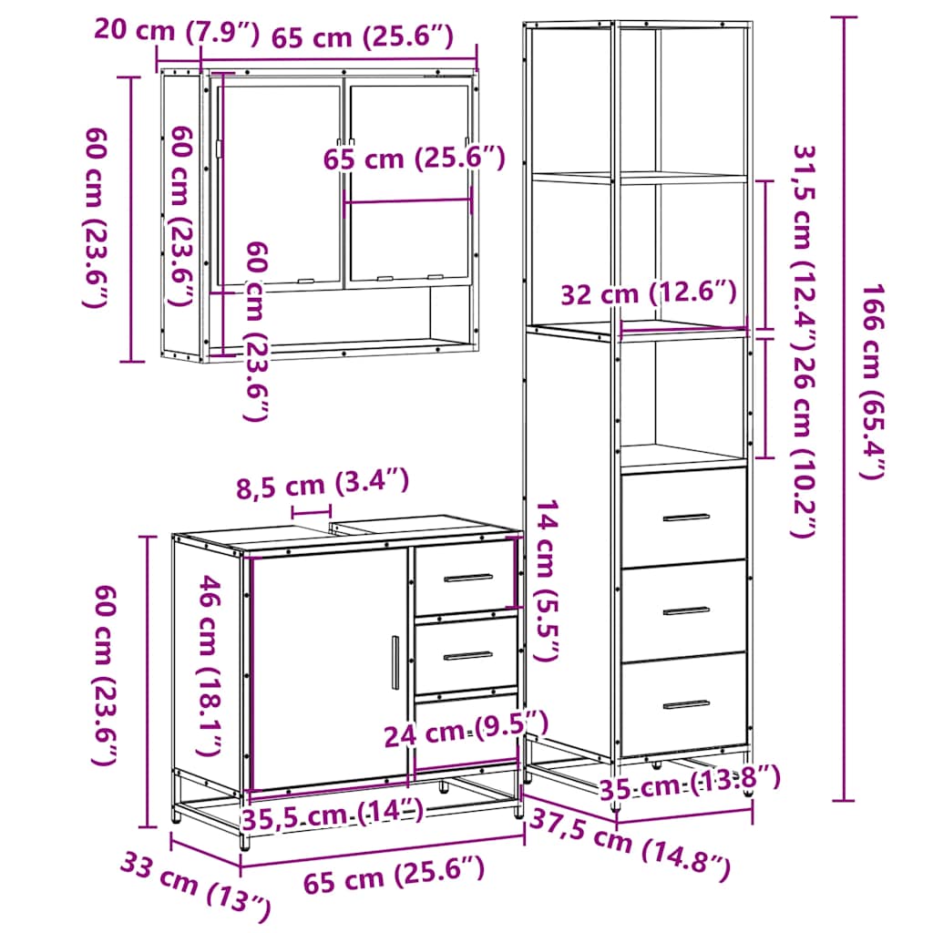 Ensemble de meubles de salle de bain 3 pcs chêne sonoma