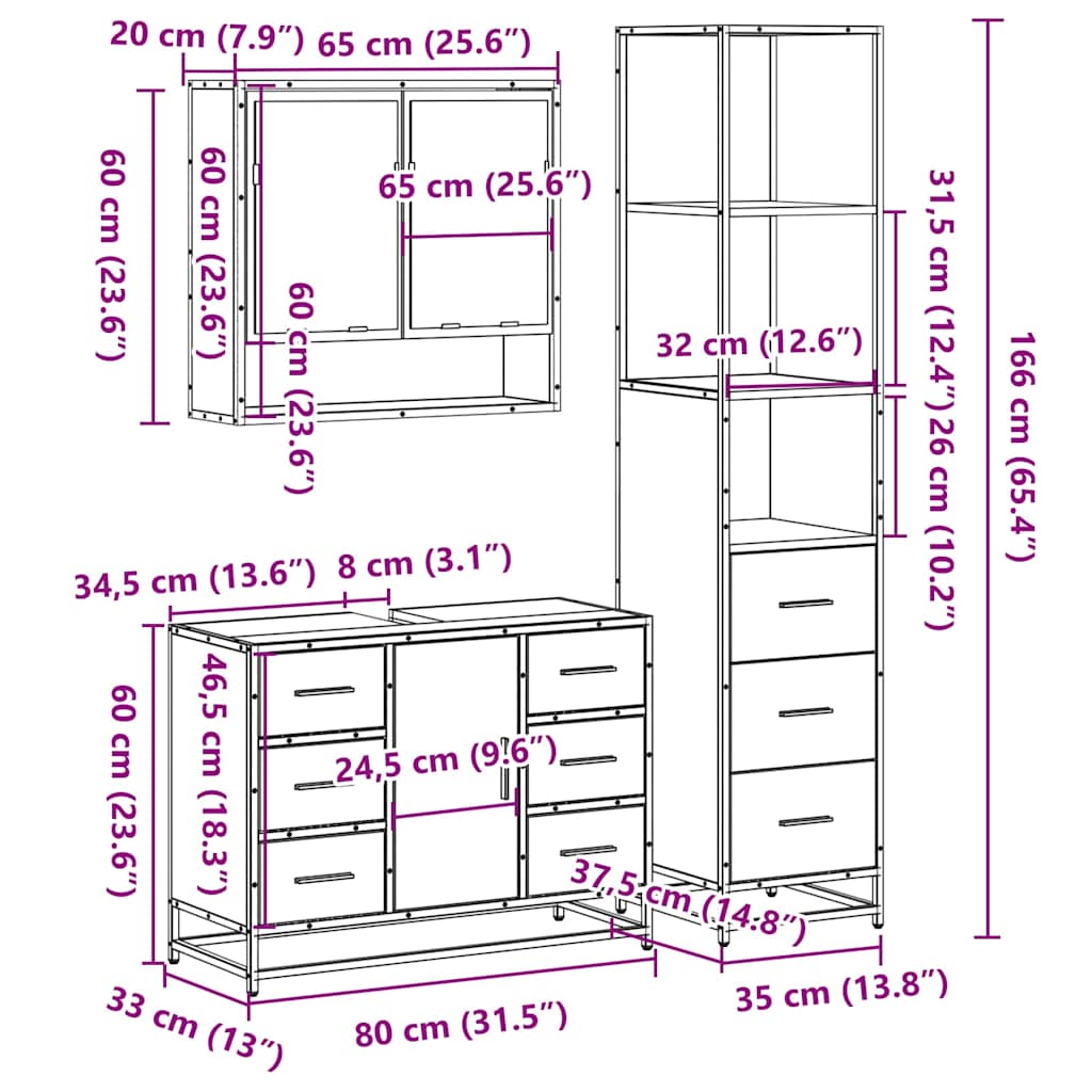 Ensemble de meubles de salle de bain 3 pcs Chêne fumé